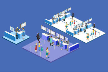Isometric flat 3D vector interior of airport check-in.
