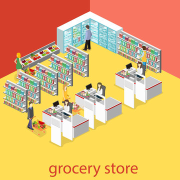 Isometric interior of grocery store.