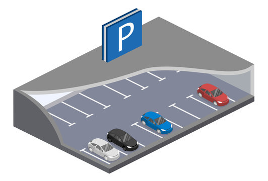 Isometric flat 3D concept vector underground parking with cars.