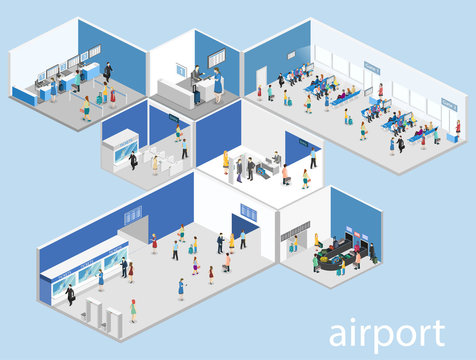 Isometric flat 3D concept vector interior of airport