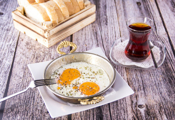 Turkish Breakfast - Fried Egg, Bread, Salad and Tea