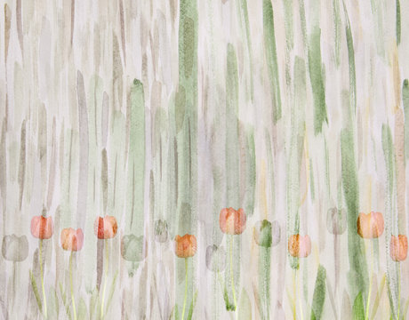 Picturesque tulips on abstract green background. Handmade. Water