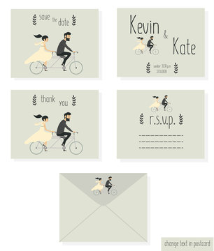 Just married wedding couple riding bicycle, wedding invitation cards set