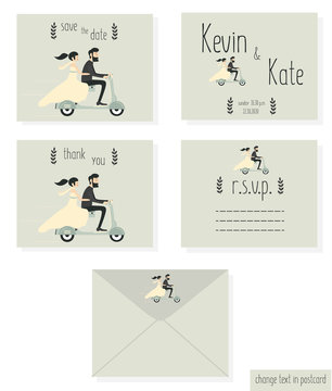 Just married wedding couple riding motorcycle, wedding invitation cards set