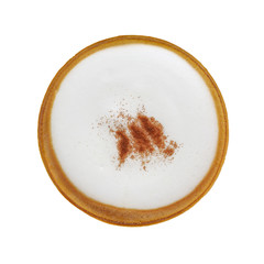 Top view of hot coffee latte cappuccino isolated on white backgr