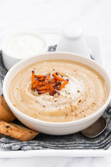 spicy vegetable soup with croutons, vertical