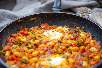 Shakshuka in a Pan, Fried Eggs in Tomato Sauce, Paleo Healthy Food
