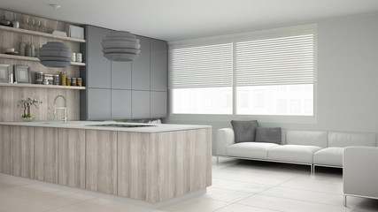 Minimalistic white kitchen with wooden and gray details, minimal