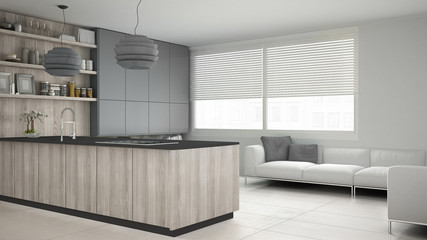 Minimalistic gray kitchen with wooden and gray details, minimal