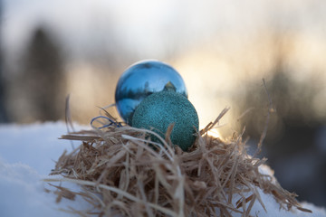 Christmas toy on the Christmas tree in the snow