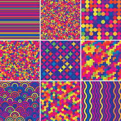 Colorful collection of nine geometric backgrounds, vector illustration. Red, yellow, green, blue colors.