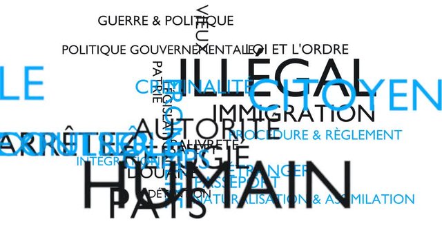 Illegal, immigration, crime, refugee word tag cloud. White, French variant. 3D rendering, UHD.