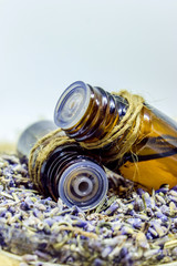 Lavender essential oil in a small bottle. 