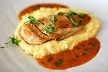 Chicken breast with mashed potatoes and sauce