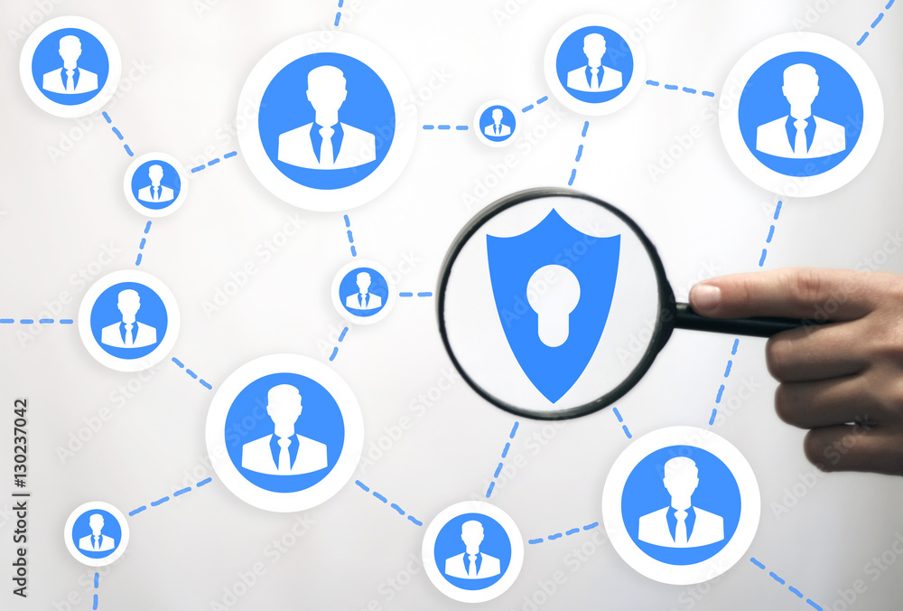 Poster search magnifier shield security virus web icon. find loupe shield with keyhole lock safety protecti