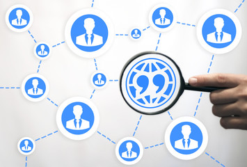 Search magnifier earth quote mark web icon. Find loupe earth quotation concept on background of network business man sign. Magnifying glass in hand with world citation icon.