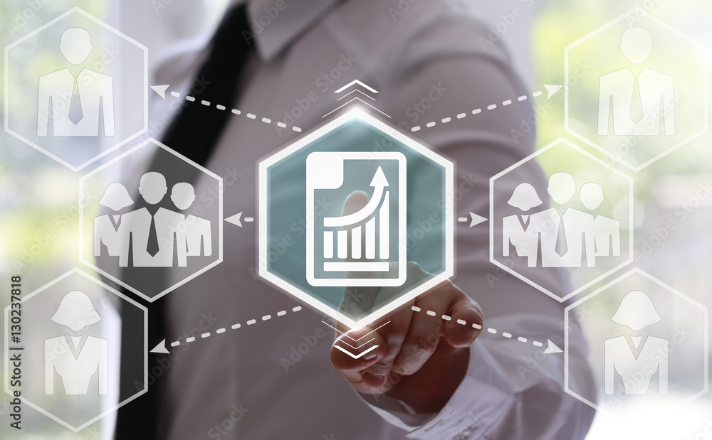 Poster businessman presses paper button with a chart on virtual screens. businesswoman touching the paper i