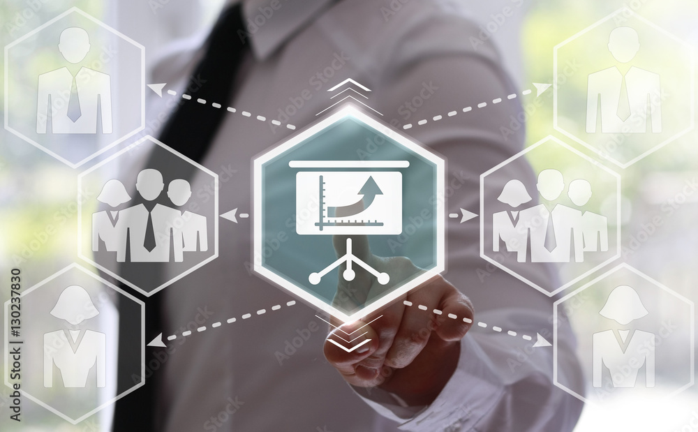 Poster businessman presses presentation board button with a chart on virtual screens. businesswoman touchin