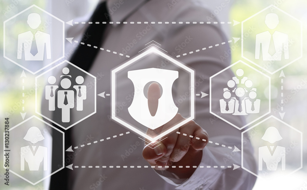 Poster businessman presses shield button with a keyhole on virtual screens.