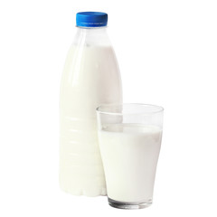 A bottle of rustic milk and glass of milk isolated on white background