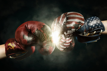 Cold War between USA and Russia symbolized with Boxing Gloves