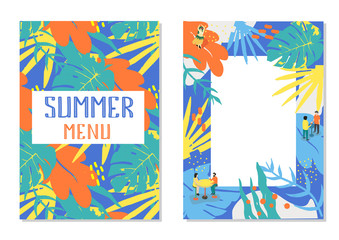 Summer menu for your cafe or summer party Tropical abstract drawing with empty place for your text.