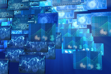 Many screen monitors with charts and graphs