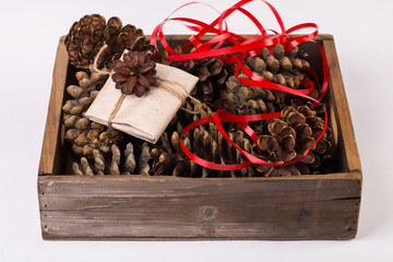 Christmas gift tied with ribbon and pine cone isolated on white background