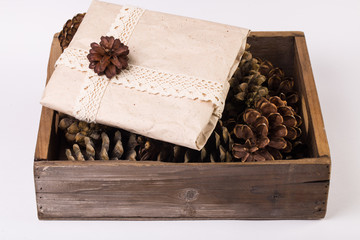 Christmas gift tied with ribbon and pine cone isolated on white background
