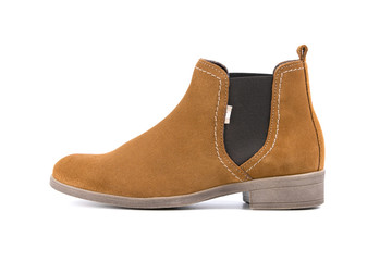 Woman boots brown leather on white background, isolated product, top view