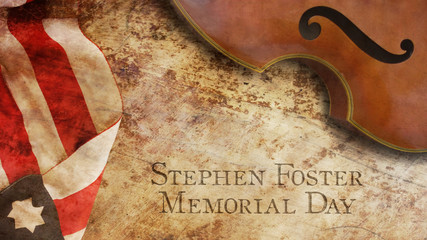 Stephen Foster Memorial Day. Violin America Flag on Wood