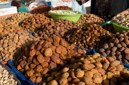 Dried fruits on market stall, Osh, Kyrgyzstan