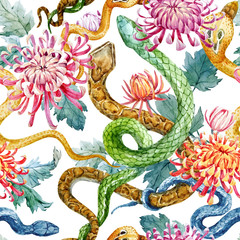 Watercolor snake and flowers pattern