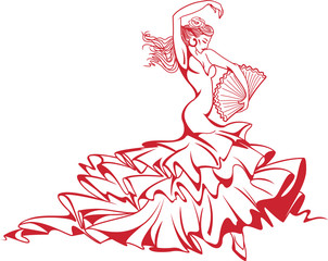 Young beautiful Spanish flamenco dancer in long dress with fan. - obrazy, fototapety, plakaty