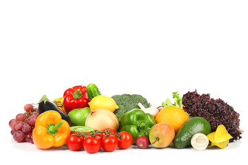 Naklejka na ściany i meble Group of fresh vegetables and fruits on white background