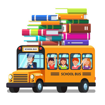 School bus with kids and lots of books luggage