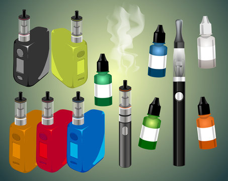 Electronic cigarettes set with five different colors. Vector illustration.