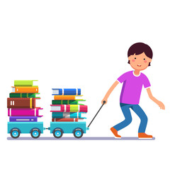 Boy kid pulling wagon cart with pile of book