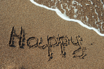 Word happy written in the sand