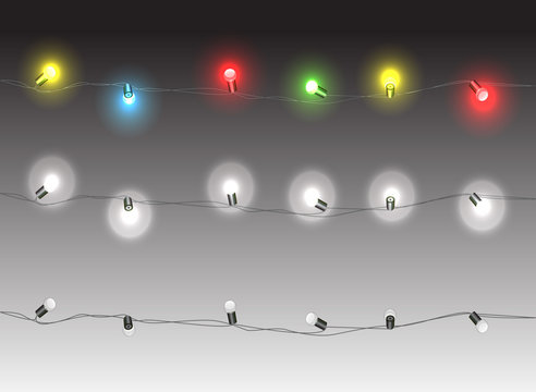Christmas lights isolated realistic design elements. Glowing  for Xmas Holiday greeting card . Garlands,  decorations.