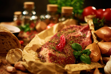Fresh raw meat with herbs, spices and vegetables