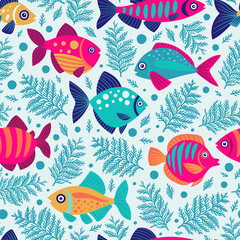 Seamless pattern with decorative fish. Cartoon style. Freehand drawing