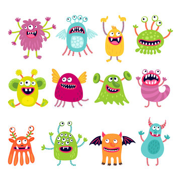 Set of illustrations with funny monsters. Cartoon