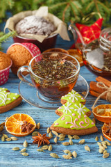 Gingerbread and star anise with cinnamon sticks and christmas de