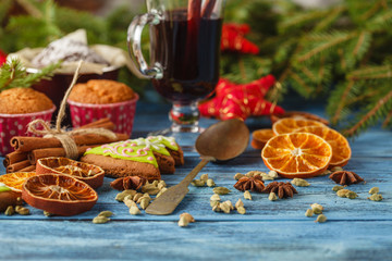 Christmas gingerbread cookies on wooden background
