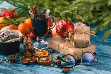 christmas hot mulled wine with cinnamon cardamom and anise on wo