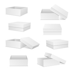 White boxes collection. Square box set. Open and closed presents. Cardboard packaging in front, top, side view. Realistic 3d isometric templates, package and container. Vector isolated mockups. 