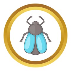 Fly vector icon in golden circle, cartoon style isolated on white background