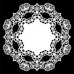 Lace round paper doily, lacy snowflake, greeting element,  template for cutting  plotter, round pattern, laser cut  template, doily to decorate the cake,  vector illustrations.