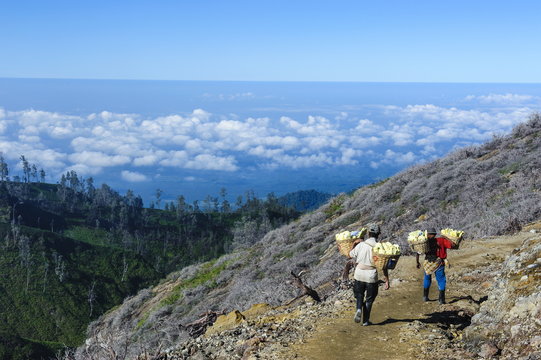 Workers carrying big pieces of sulphur out of the Ijen Volcano, Java, Indonesia